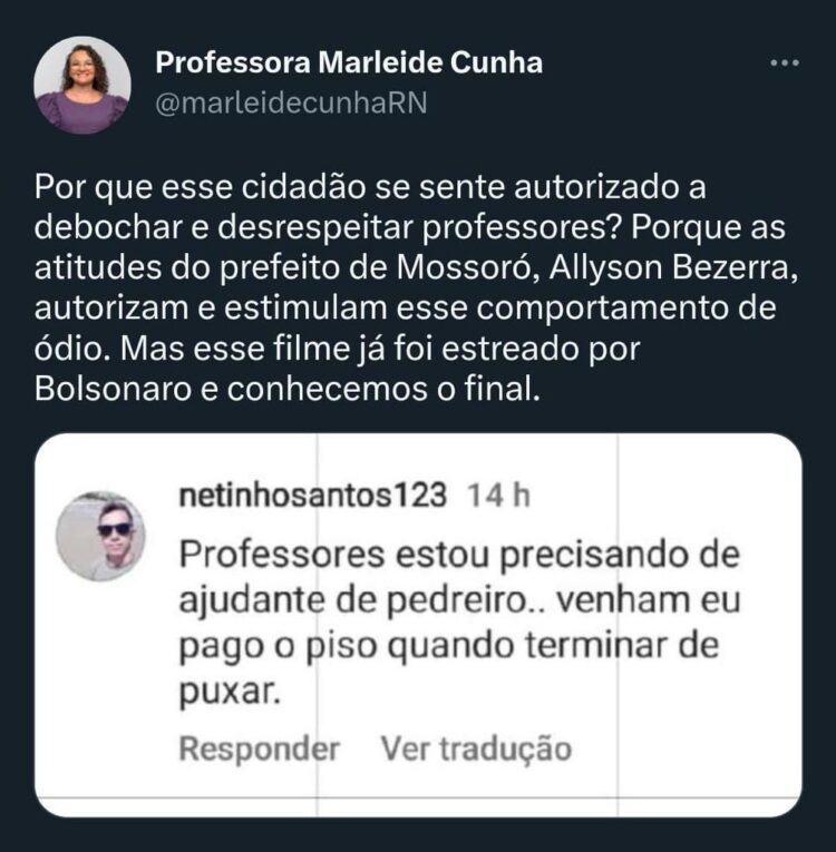 Print do ataque aos professores e a defesa fez pela vereador Marleide Cunha